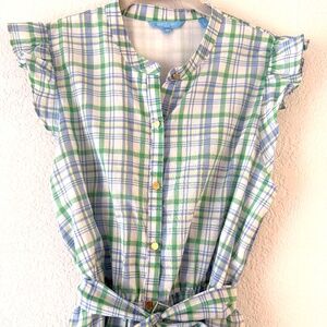 Draper James Blue and Green Plaid Tie-Waist Mini Dress